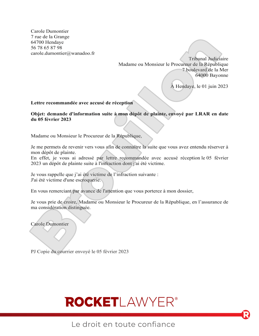 Modèle de lettre au procureur pour suivi de plainte